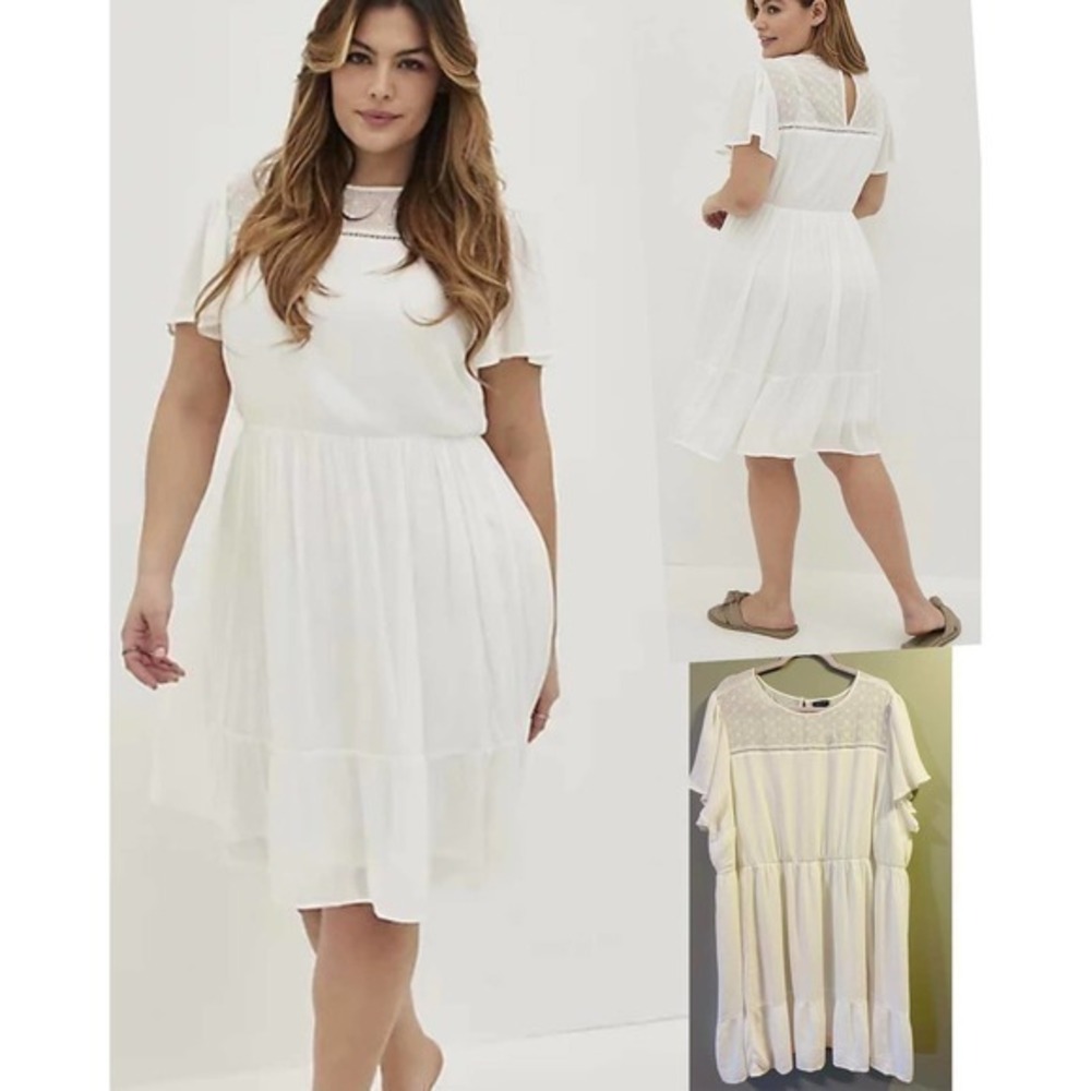 New Torrid 4 (4X, 26)‎ (0ff?) White Flutter Sleeve Gauze & Lace Skater Dress
